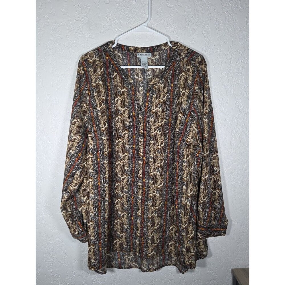 Catherines Top Womens 1X Brown Long Sleeve Button Up Casual Blouse Stretch